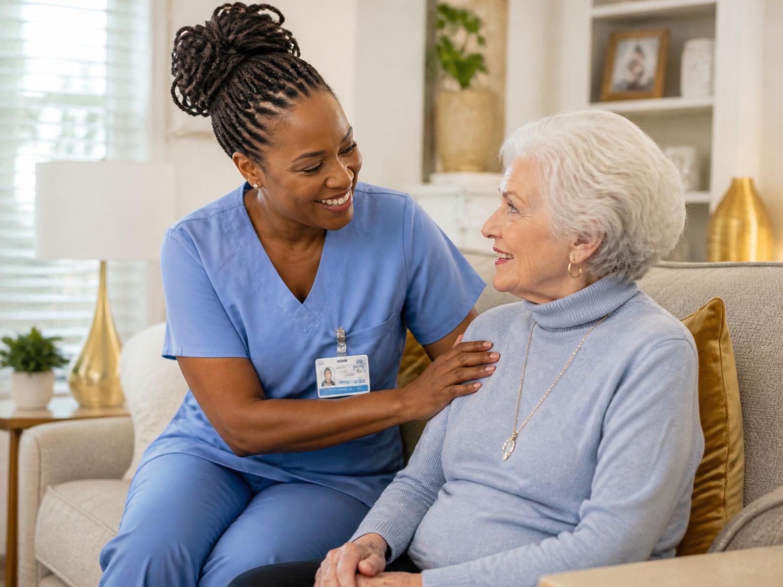A caregiver from B-Well warmly assisting an elderly woman in a bright, welcoming home.